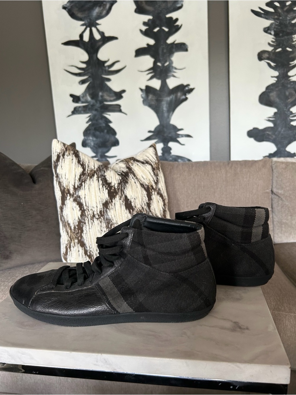 Burberry Black Plaid High-Top Sneakers